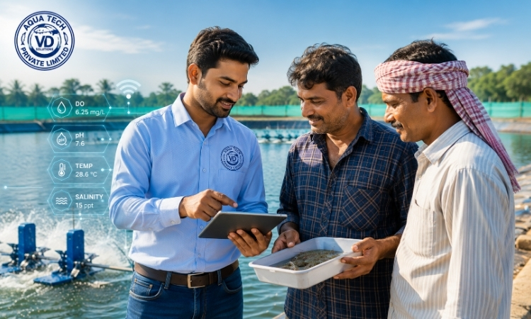 Technical advisory session between aquaculture expert and farmer